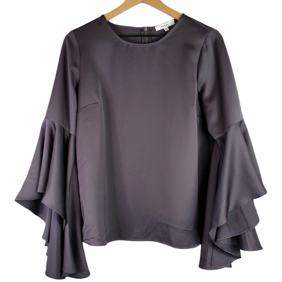 Ro & De Satin Crew Neck Dramatic Voluminous Bell Sleeve Zip Back Top Grey Small - Picture 2 of 9